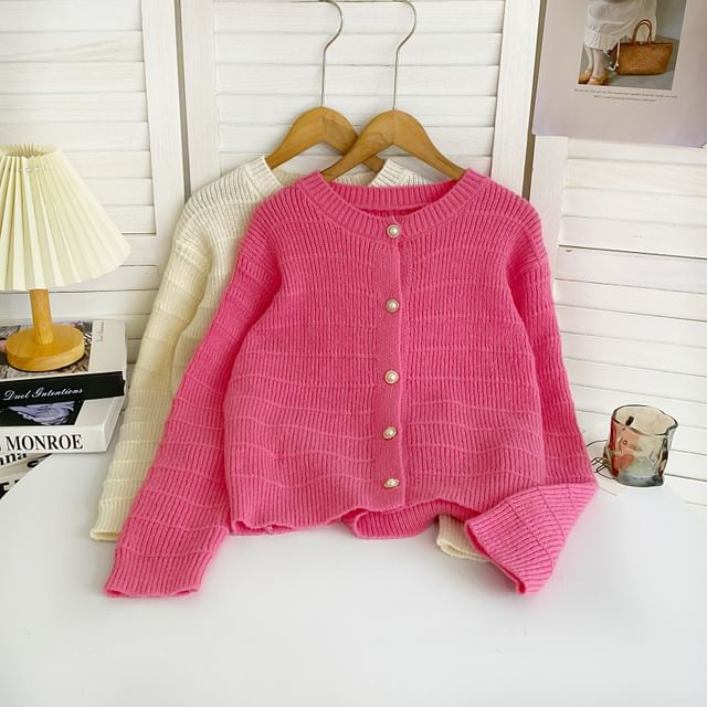Crew Neck Solid Color Cropped Button Cardigan