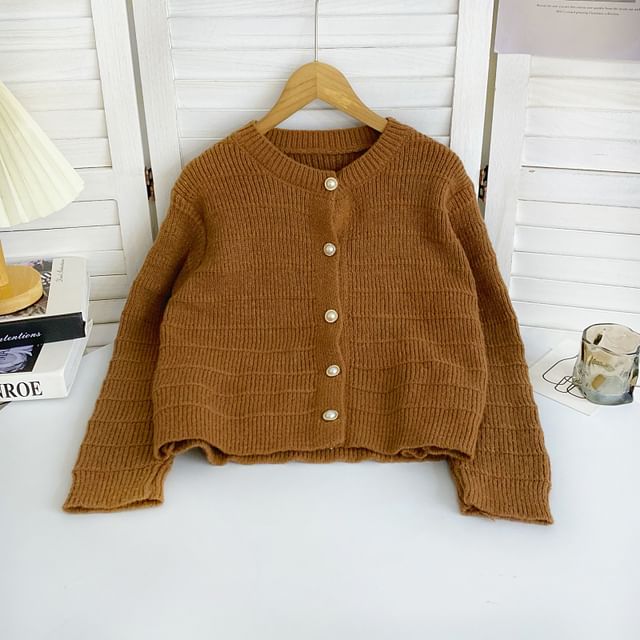 Crew Neck Solid Color Cropped Button Cardigan