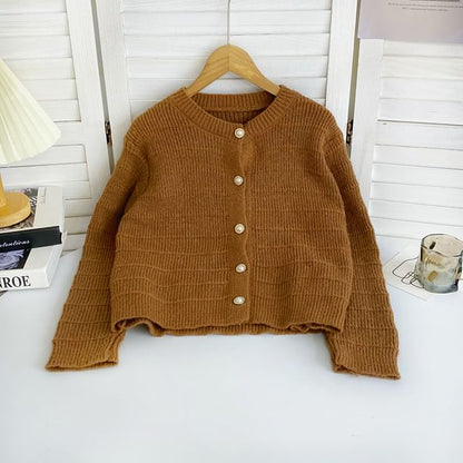 Crew Neck Solid Color Cropped Button Cardigan