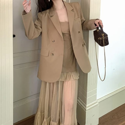 Double Breasted Blazer with Mesh Mermaid Maxi Dress