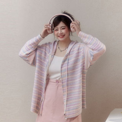 Plus Size Striped Zip-Up Knit Hoodie