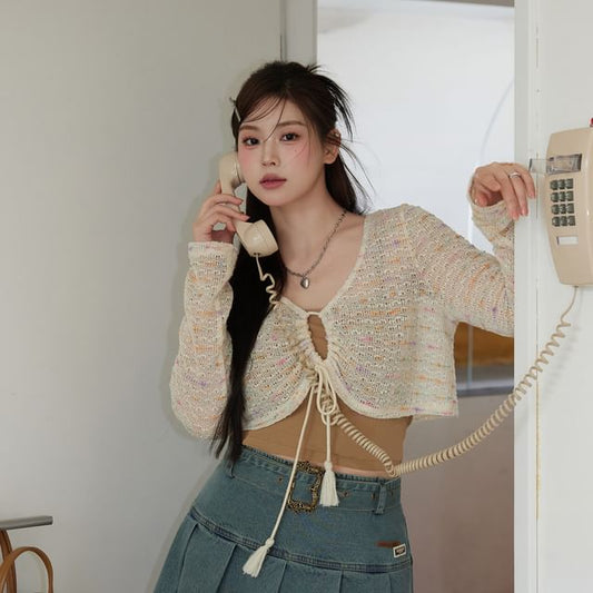 Plus Size Set: Plain Slim Fit Crop Cami Top + V-Neck Perforated Tie Front Cardigan