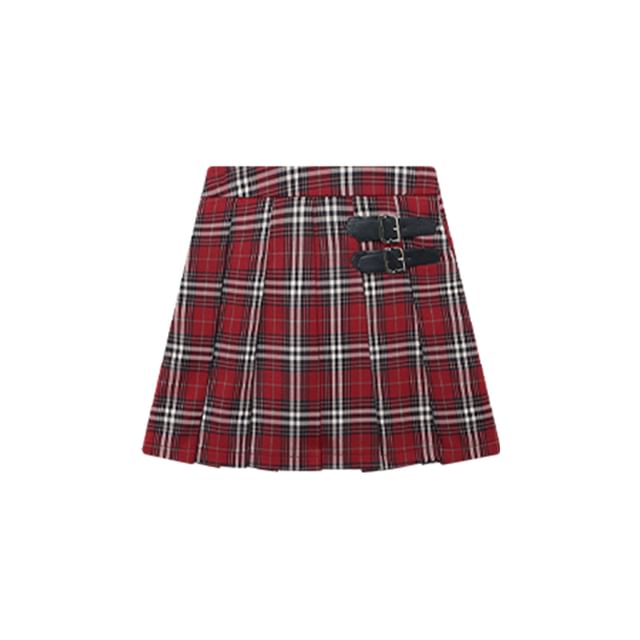 Plus Size High Waist Plaid Pleated Buckled Mini A-Line Skirt