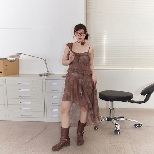 Plus Size Spaghetti Strap V-Neck Butterfly Print Asymmetrical Ruffle Trim Tie Front A-Line Dress