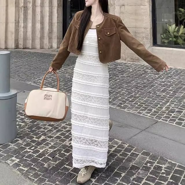 Spaghetti Strap Lace Panel Scoop Neck A-Line Maxi Dress with Crop Jacket