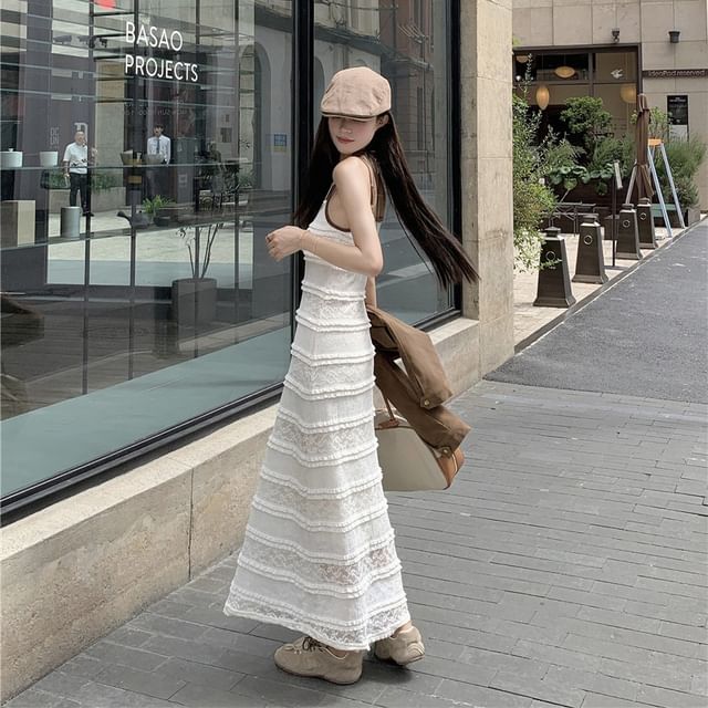 Spaghetti Strap Lace Panel Scoop Neck A-Line Maxi Dress with Crop Jacket