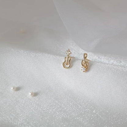 Rhinestone Stud Note Music Earring Asymmetrical Guitar Alloy