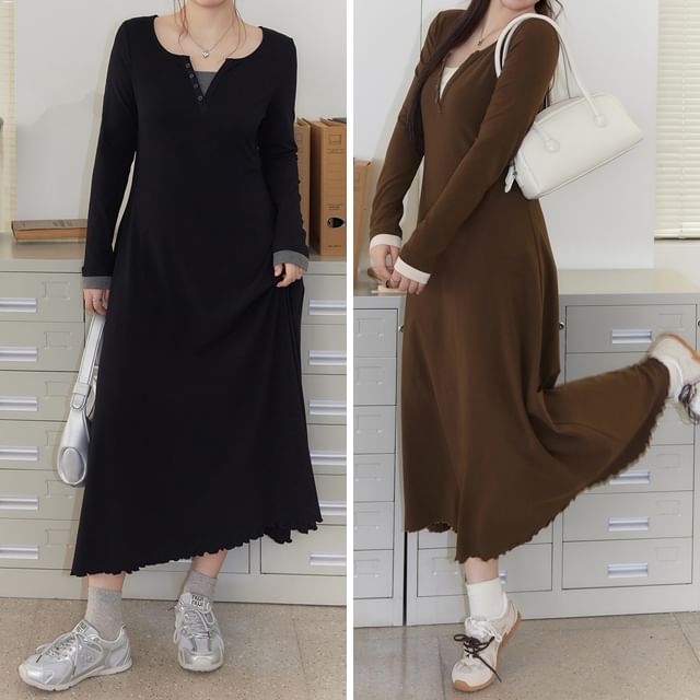 Plus Size Long Sleeve Mock Two Piece Button Maxi A-Line Dress