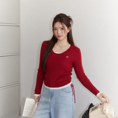 Plus Size Long-Sleeve Crew Neck Embroidered Ribbed Knit Top