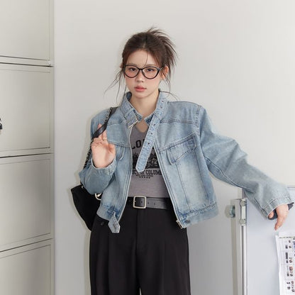 Plus Size Stand Collar Washed Panel Zip Denim Jacket