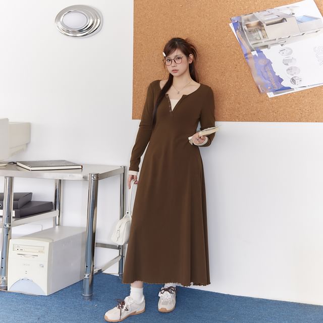 Plus Size Long Sleeve Mock Two Piece Button Maxi A-Line Dress