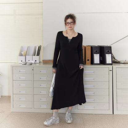 Plus Size Long Sleeve Mock Two Piece Button Maxi A-Line Dress