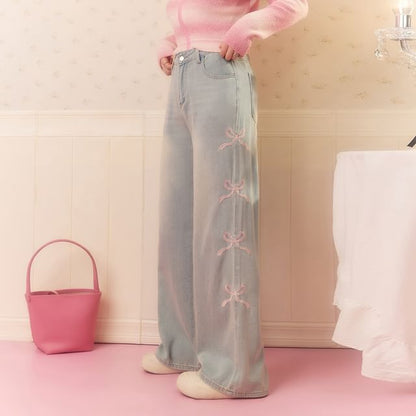 Plus Size High Rise Washed Bow Embroidered Wide Leg Jeans