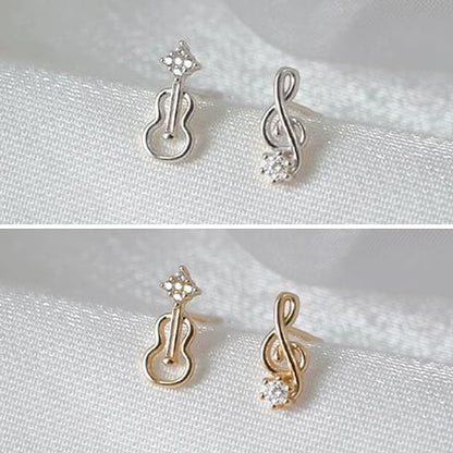 Rhinestone Stud Note Music Earring Asymmetrical Guitar Alloy