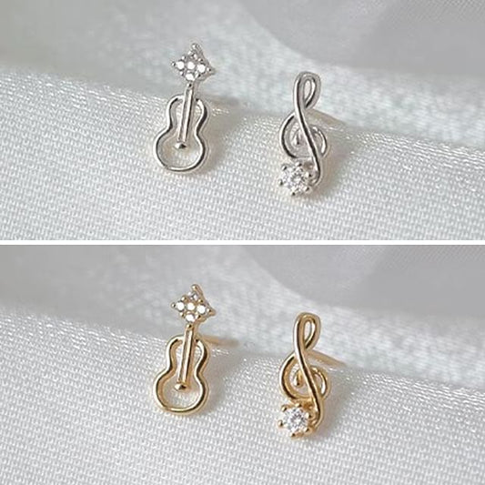 Rhinestone Stud Note Music Earring Asymmetrical Guitar Alloy