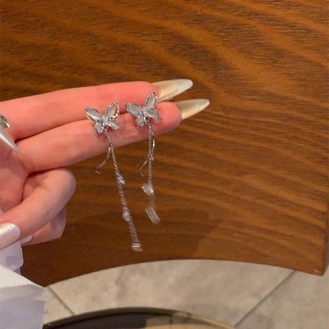 Alloy Dangle Butterfly Stone Earring Eye Cat Faux