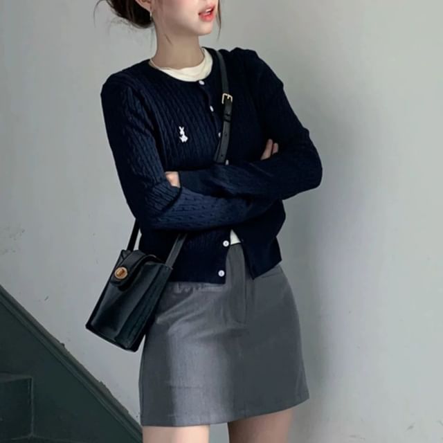 Crew Neck Embroidered Plain Cardigan / Short-Sleeve Crew Neck Plain Tee / High Waist Plain Mini A-Line Skirt