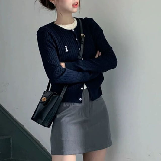 Crew Neck Embroidered Plain Cardigan / Short-Sleeve Crew Neck Plain Tee / High Waist Plain Mini A-Line Skirt