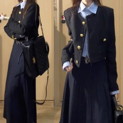 Long-Sleeve Collared Plain Shirt / Round Neck Plain Button Jacket