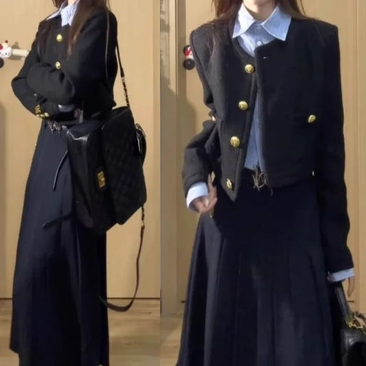 Long-Sleeve Collared Plain Shirt / Round Neck Plain Button Jacket