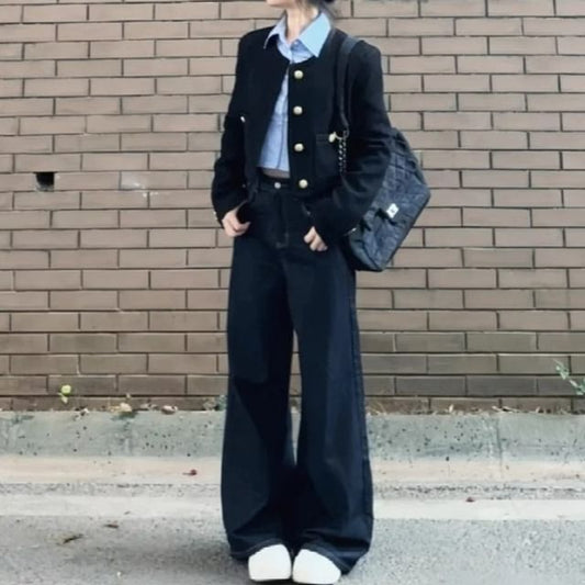 Long-Sleeve Collared Plain Shirt / Crew Neck Plain Button Jacket