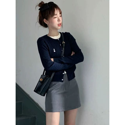 Crew Neck Embroidered Plain Cardigan / Short-Sleeve Crew Neck Plain Tee / High Waist Plain Mini A-Line Skirt