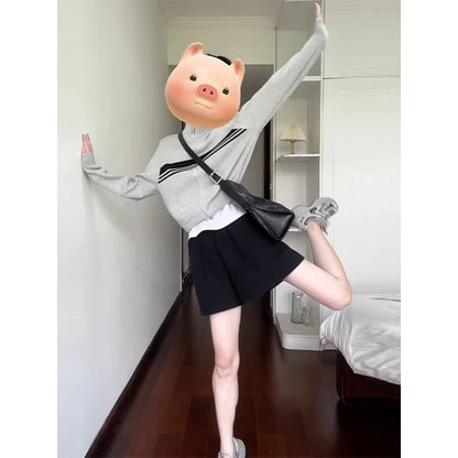 Stand Collar Striped Knit Zip Jacket / Mid Rise Plain Shorts / Set