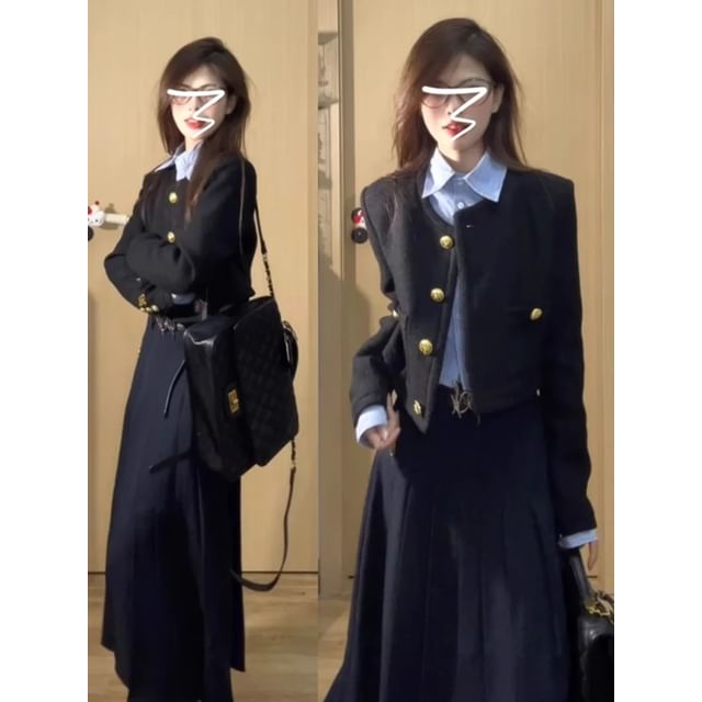 Long-Sleeve Collared Plain Shirt / Round Neck Plain Button Jacket