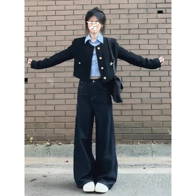 Long-Sleeve Collared Plain Shirt / Crew Neck Plain Button Jacket