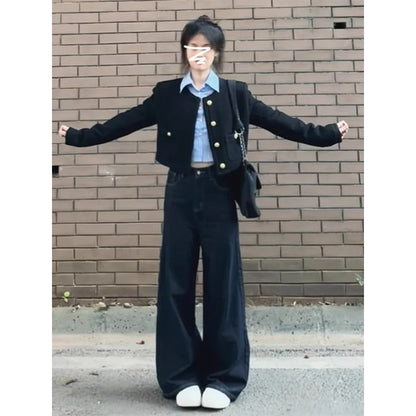 Long-Sleeve Collared Plain Shirt / Crew Neck Plain Button Jacket