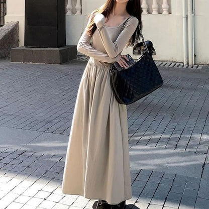 Scoop Neck Long-Sleeve Plain A-Line Maxi Dress