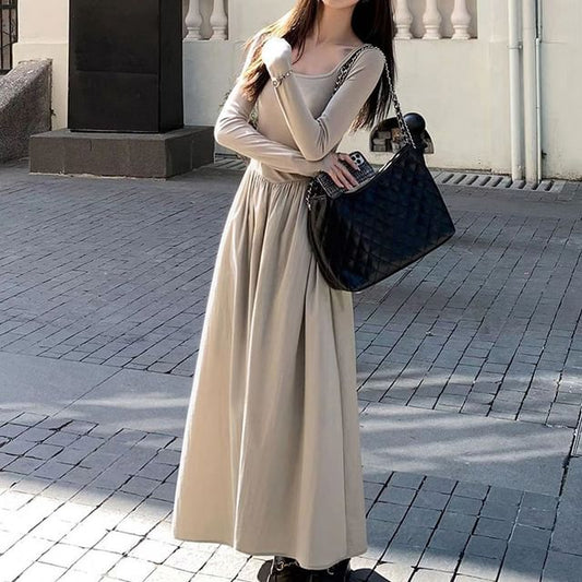Scoop Neck Long-Sleeve Plain A-Line Maxi Dress