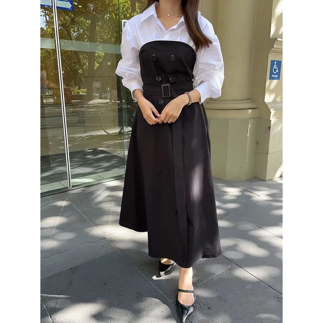Collared Mock Two-Piece Long-Sleeve A-Line Maxi Dress