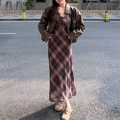Faux Leather Zip Jacket with Plaid Spaghetti Strap Sundress
