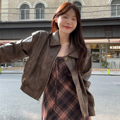 Faux Leather Zip Jacket with Plaid Spaghetti Strap Sundress