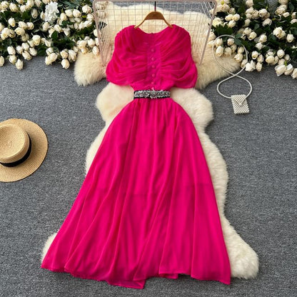 Short Sleeve Round Neck Ruched Button A-Line Maxi Dress