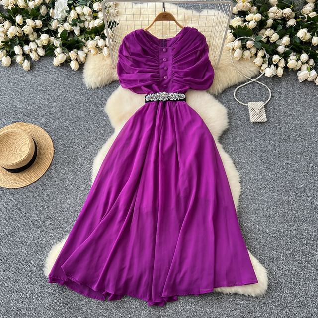 Short Sleeve Round Neck Ruched Button A-Line Maxi Dress