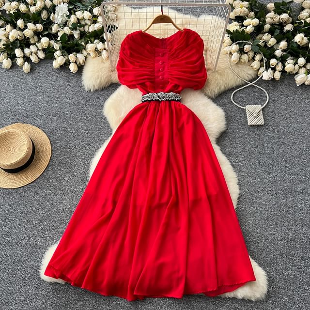 Short Sleeve Round Neck Ruched Button A-Line Maxi Dress