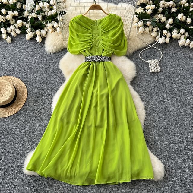 Short Sleeve Round Neck Ruched Button A-Line Maxi Dress