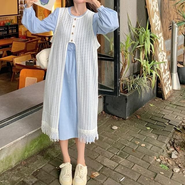 Long Sleeve Round Neck Plain Button Midi A-Line Dress / Sleeveless Round Neck Plain Fringe Long Vest / Set