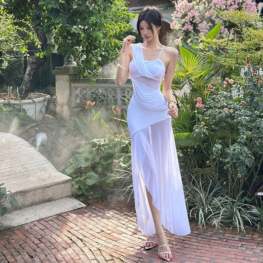 Asymmetrical Shoulder Spaghetti Strap Ruched Bodycon Maxi Dress