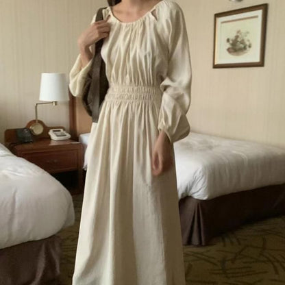 Long Sleeve Round Neck Ruched Cutout A-Line Maxi Dress