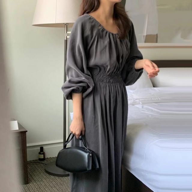 Long Sleeve Round Neck Ruched Cutout A-Line Maxi Dress