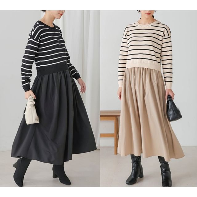 Crew Neck Striped Panel Mock Two-Piece Smock Maxi Dress