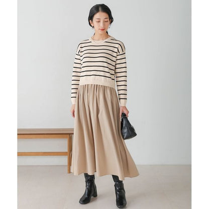 Crew Neck Striped Panel Mock Two-Piece Smock Maxi Dress