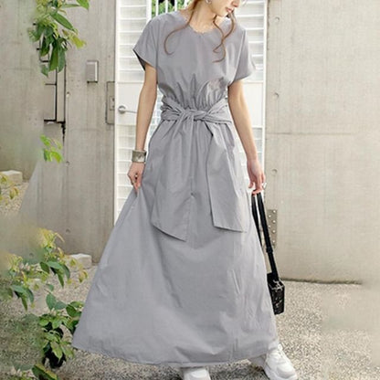 V-Neck Short Sleeve Plain A-Line Maxi Dress