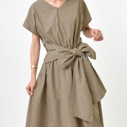 V-Neck Short Sleeve Plain A-Line Maxi Dress