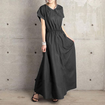 V-Neck Short Sleeve Plain A-Line Maxi Dress