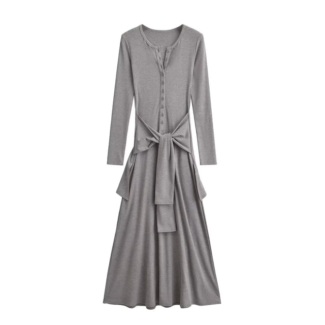 Henley Long-Sleeve Tie Waist T-Shirt Maxi Dress