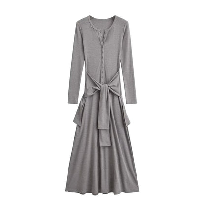 Henley Long-Sleeve Tie Waist T-Shirt Maxi Dress